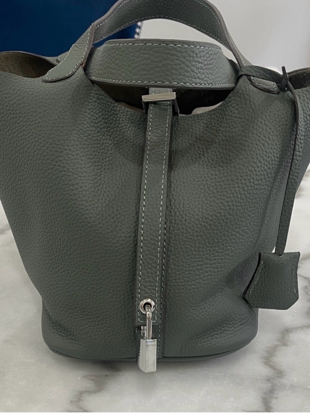 Dark Green Leather Bucket Bag with Silver Hardware